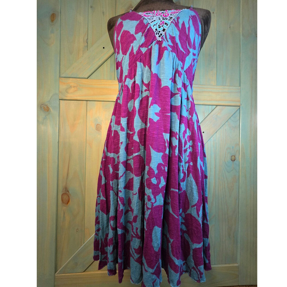 Bohemian Free People Sundress Crinkle-fabric Floral Spaghetti Straps Lace V-neck
